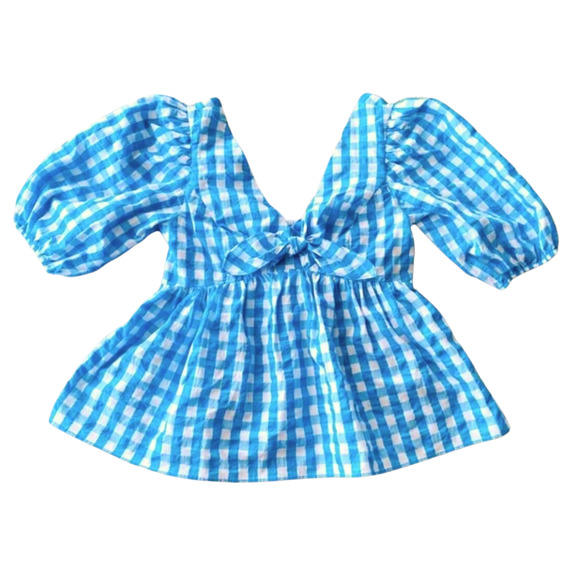 New LILLY PULITZER Sarafina Crinkled Bow Gingham Puff Sleeve Top Turquoise Oasis - Picture 5 of 10